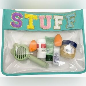 Colorful Lettered Turquoise STUFF Clear Makeup Pouch
